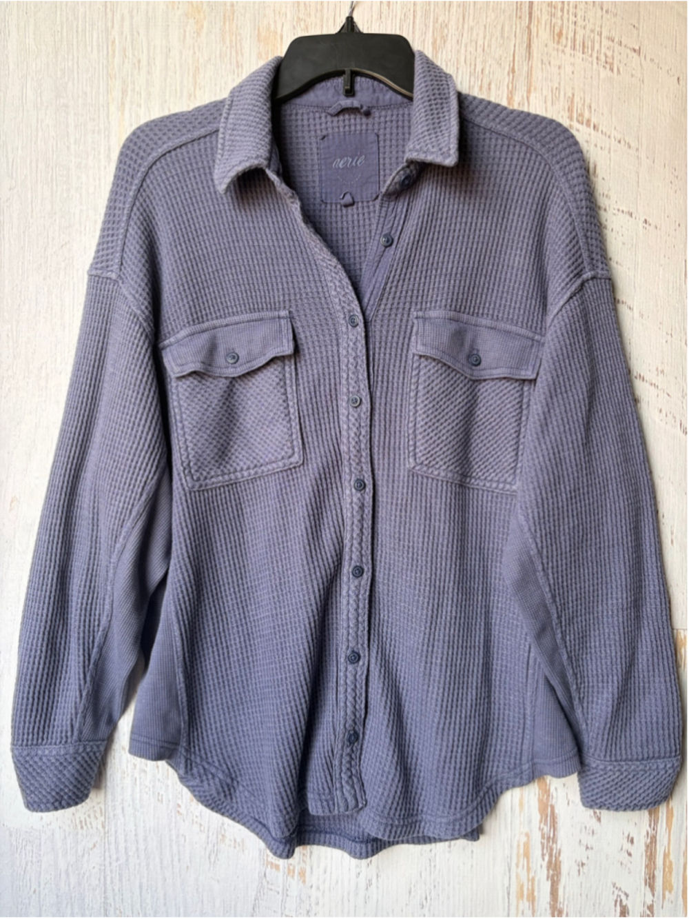 Women's Aerie Waffle Knit Long Sleeve Button Down Shirt Blue Size XS